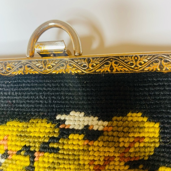 VTG NEEDLEPOINT DOUBLE SIDED  PURSE BAG HOUSE TREES Lak - Picture 3 of 6